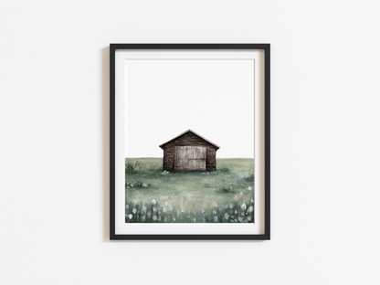Watercolor Cabin Art Print – Rustic Lake House Wall Decor