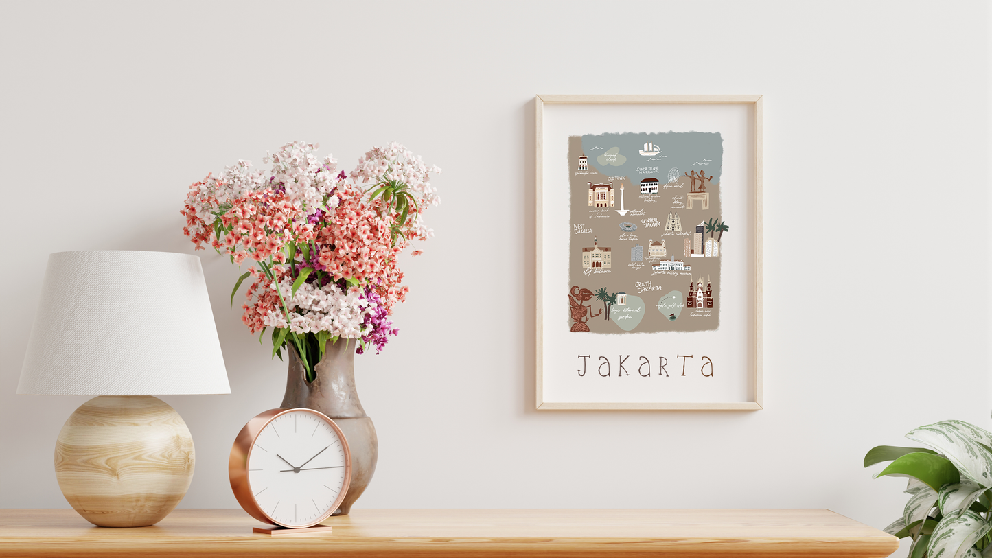 Jakarta Retro Travel Map Print – Vintage-Style City Poster