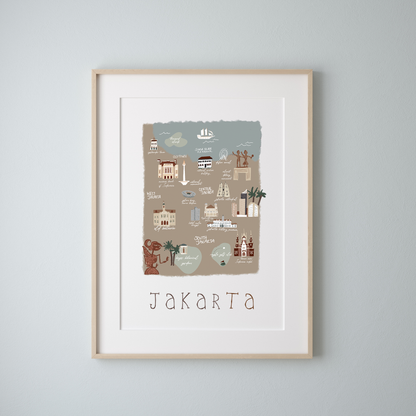Jakarta Retro Travel Map Print – Vintage-Style City Poster