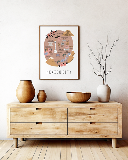 Mexico City Retro Travel Map Print – Vintage-Style City Art Poster