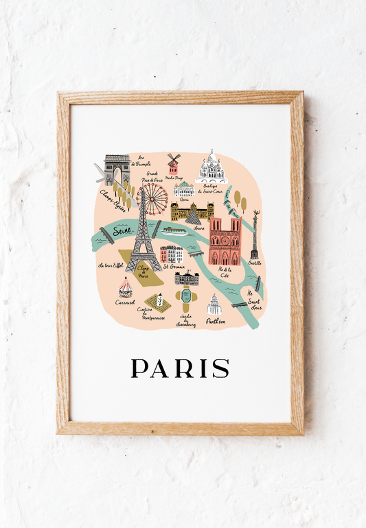 Paris Retro Travel Map Print – Vintage-Style City Poster