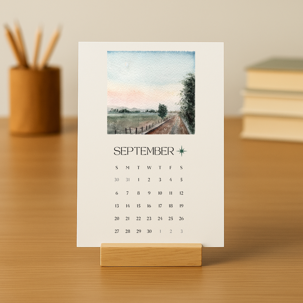 2026 Monthly Desk Calendar with Wood Stand, Watercolor Office Decor, 5x7