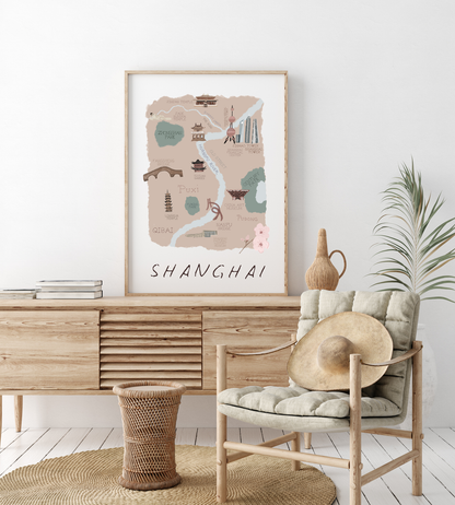 Shanghai Retro Travel Map Print – Vintage-Style City Poster