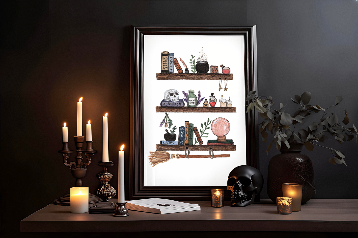 Witchy Bookshelf - Watercolor Print