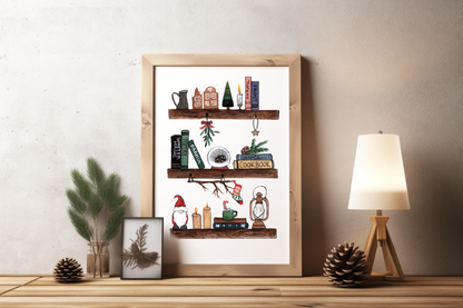 Holiday Bookshelf - Watercolor Print