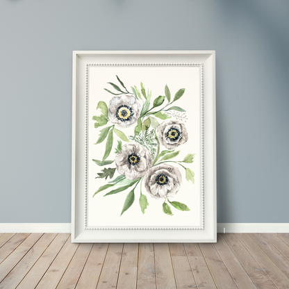 Grey Florals - Watercolor Print