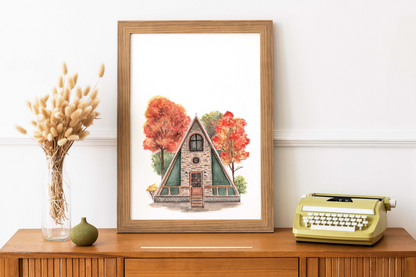 A-Frame Fall Cabin Watercolor Print