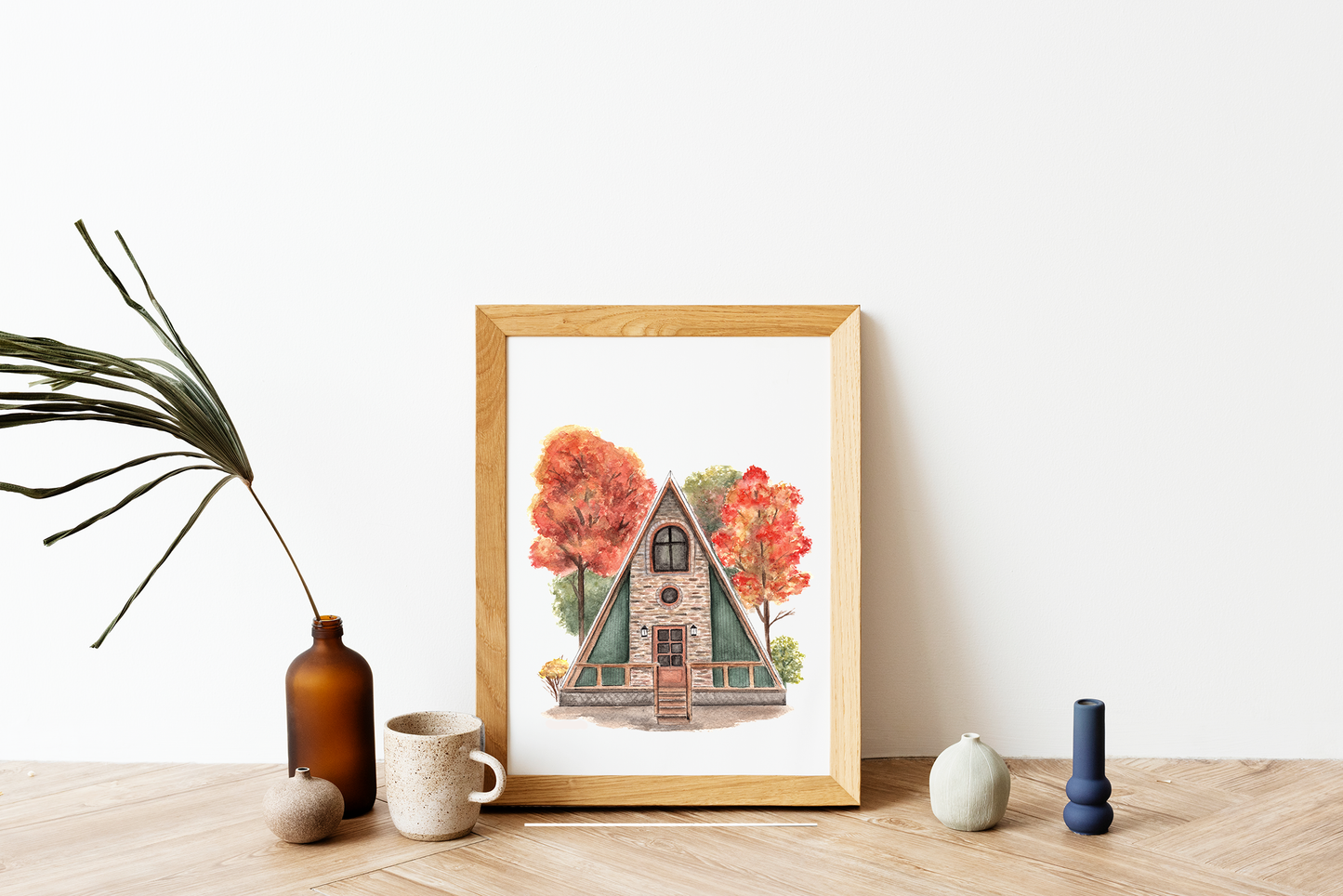 A-Frame Fall Cabin Watercolor Print